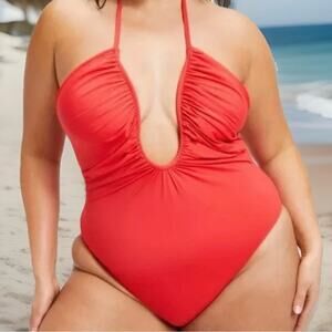 Good American Plus Size Swimsuit Women 4XL Red Halter U Neckline One Piece